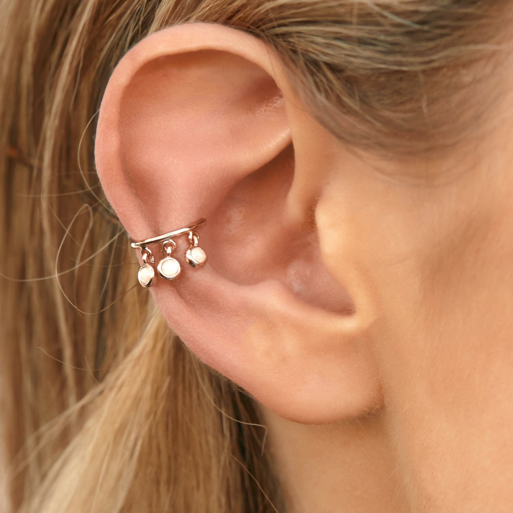 Silver Dangling Opals Ear Cuff