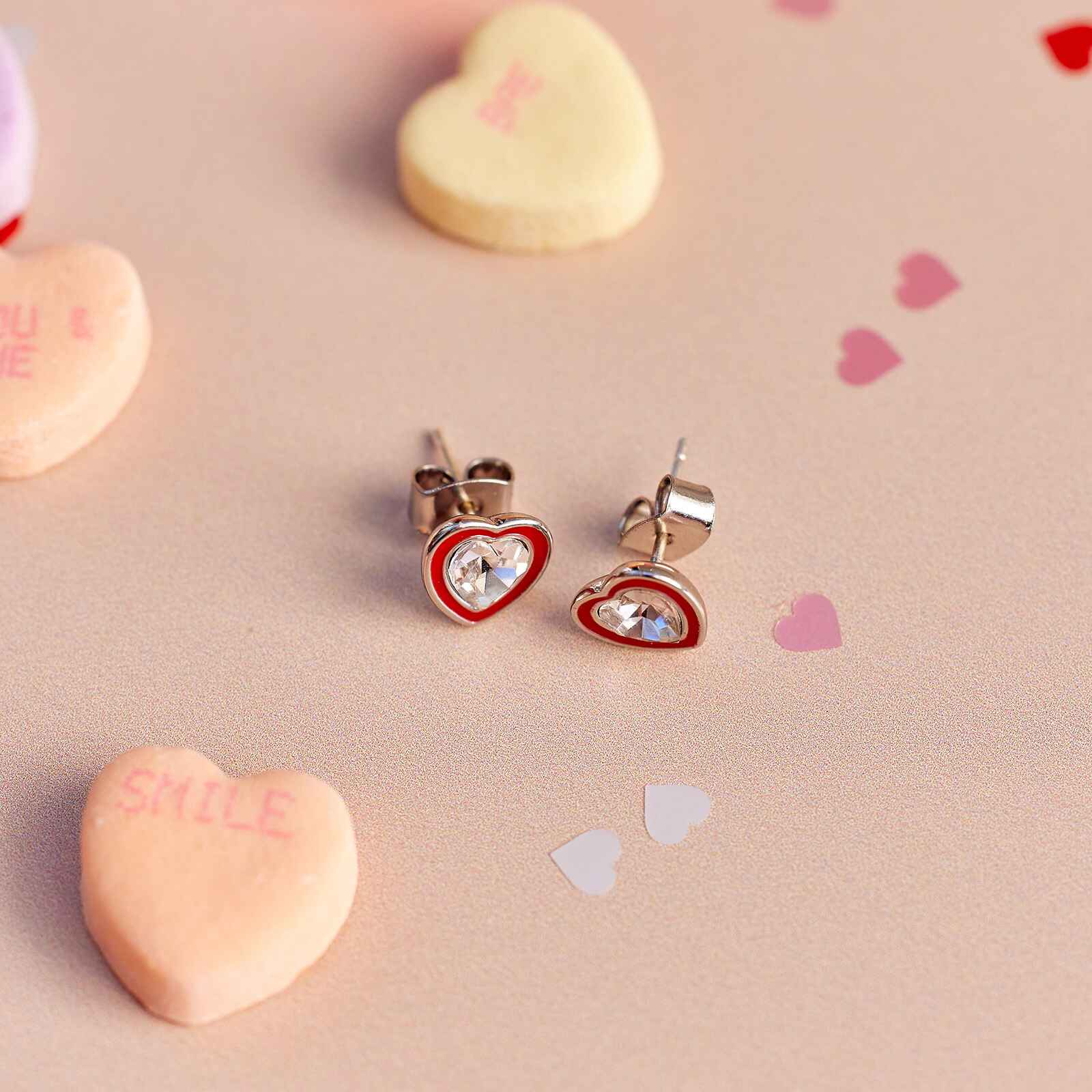 Stone & Enamel Heart Stud Earrings